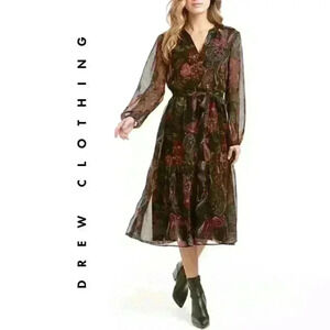 NWT - DREW - "Blake" Paisley Midi Dress in Noir